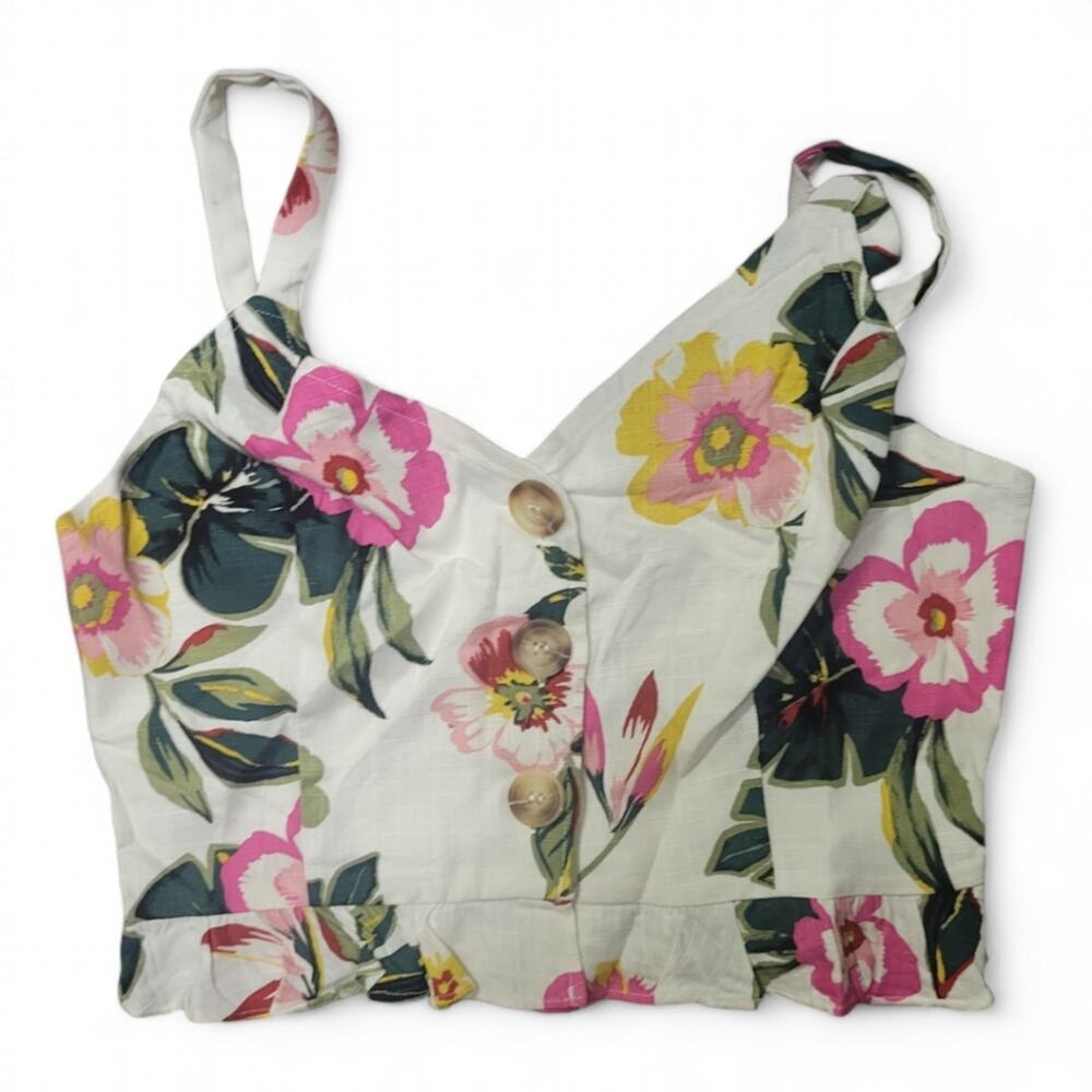 Cropped Tropical Tank Top Size Medium Cream Pink Beach Hawaiian NWT